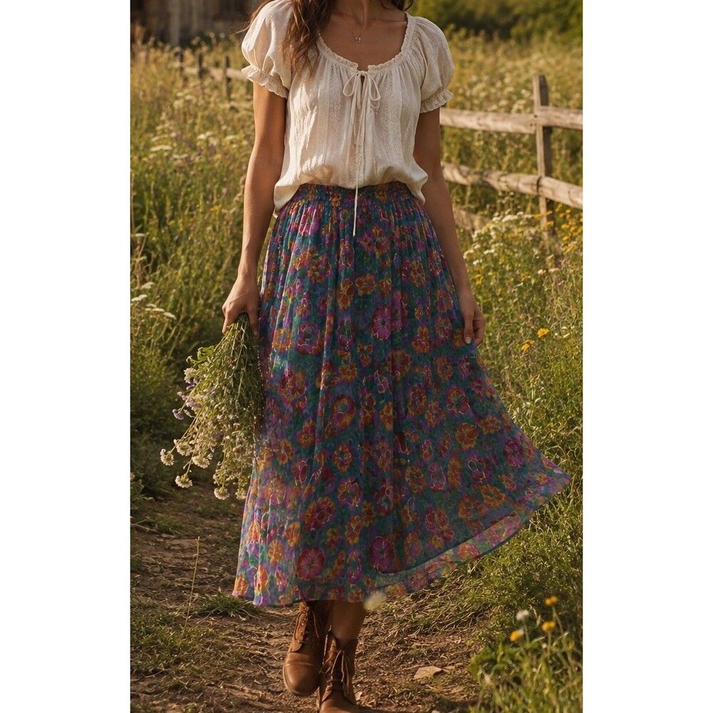 Just Cruising Floral Maxi Cotton Gauze Skirt Size M/L Colorful Gold Lined Tassle